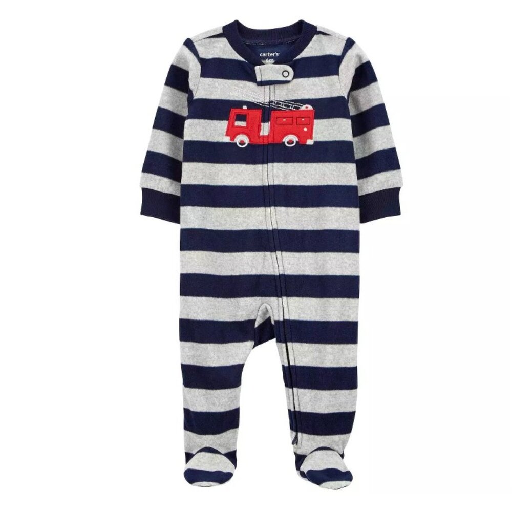 Adorable Blue/Red/ White Baby Boy Carters Firetruck Fleece Sleep and Play 3M